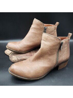 Lucky Brand Basel Booties Womens 7.5 Brown Leather Ankle Boots Side Zip Low Heel